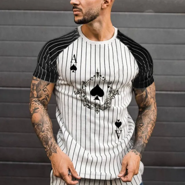 T Shirt for Men Stripped Tshirt Summer Men Clothing Streetwear Round Neck Shirt Fashion Poker Print Short Sleeve T-shirts Tops