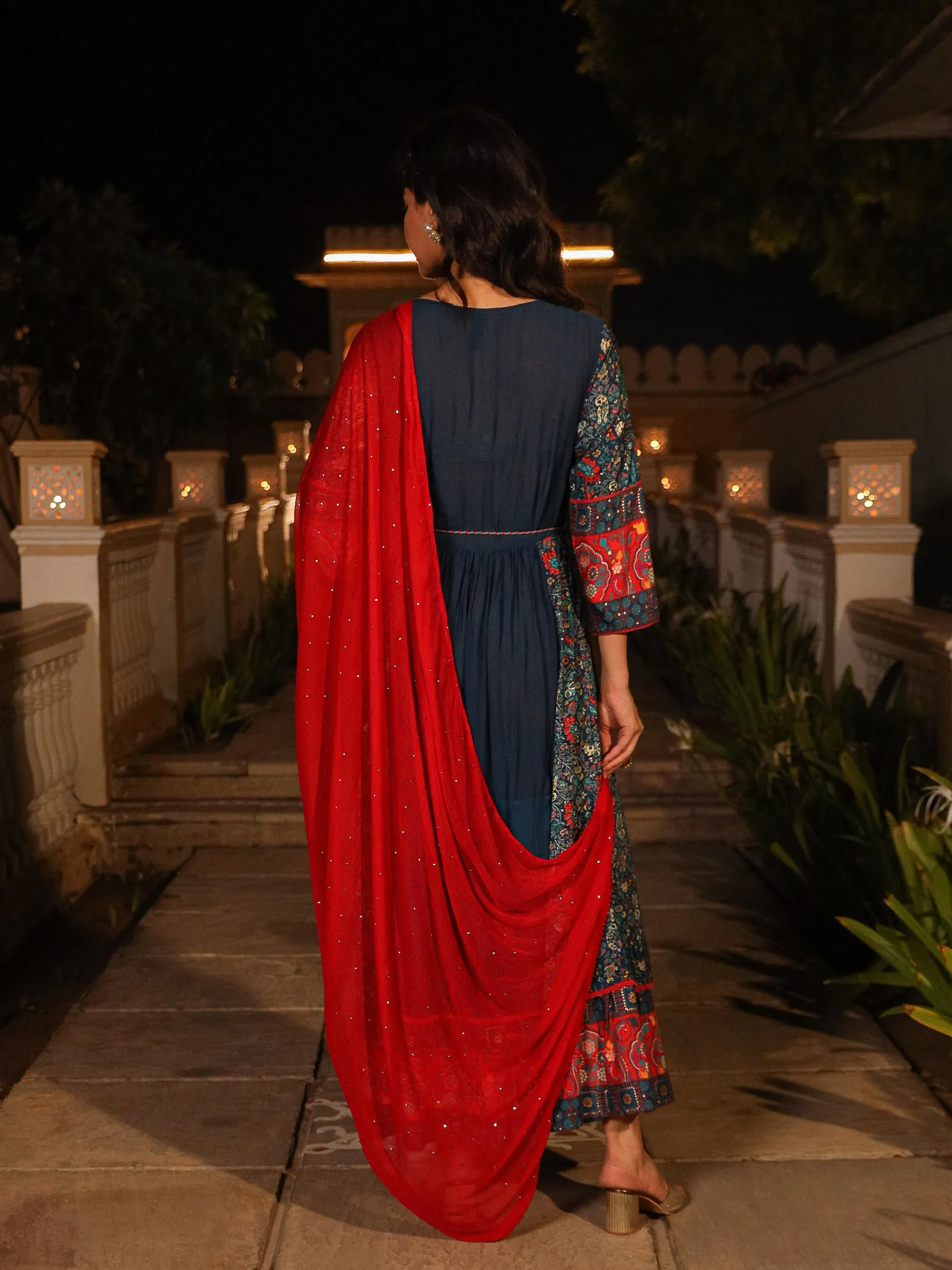 The Mastani Blue Ethnic Motif Printed Viscose Kurta Palazzo And Dupatta With Doris & Thread Work