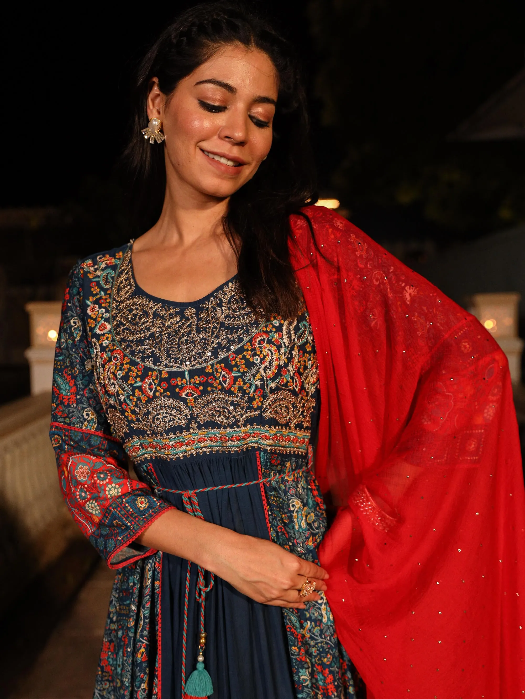 The Mastani Blue Ethnic Motif Printed Viscose Kurta Palazzo And Dupatta With Doris & Thread Work