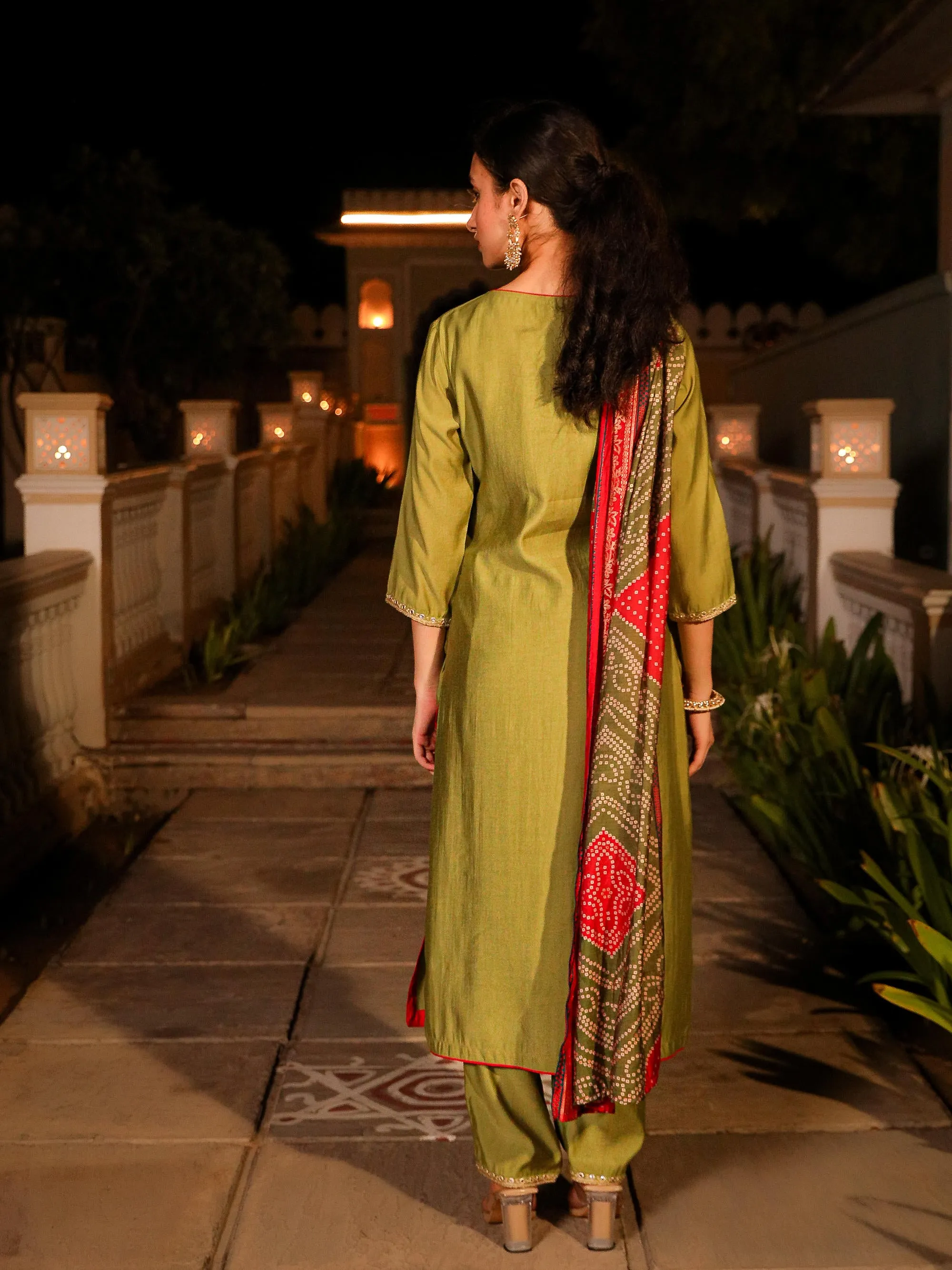 The Swarn Green Zari Embroidered Viscose Kurta Pant And Dupatta With Mirror Work