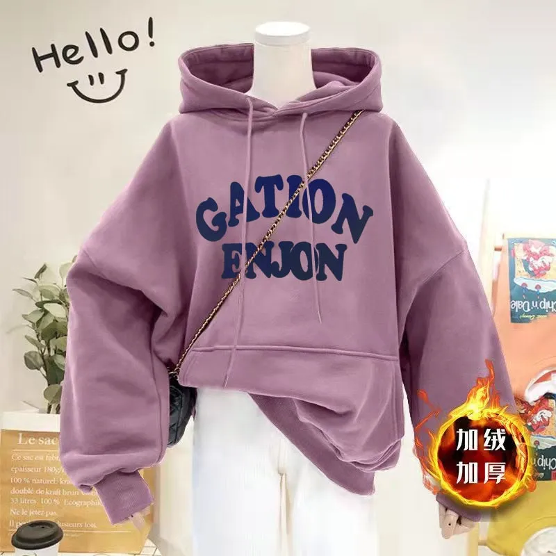 Thick Women Hoodies Winter Pullover Korean Loose Hooded Sweatshirt Warm Fashion Letter Casual Female Pocket Coat