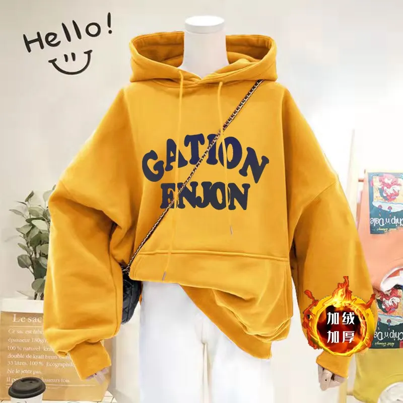 Thick Women Hoodies Winter Pullover Korean Loose Hooded Sweatshirt Warm Fashion Letter Casual Female Pocket Coat