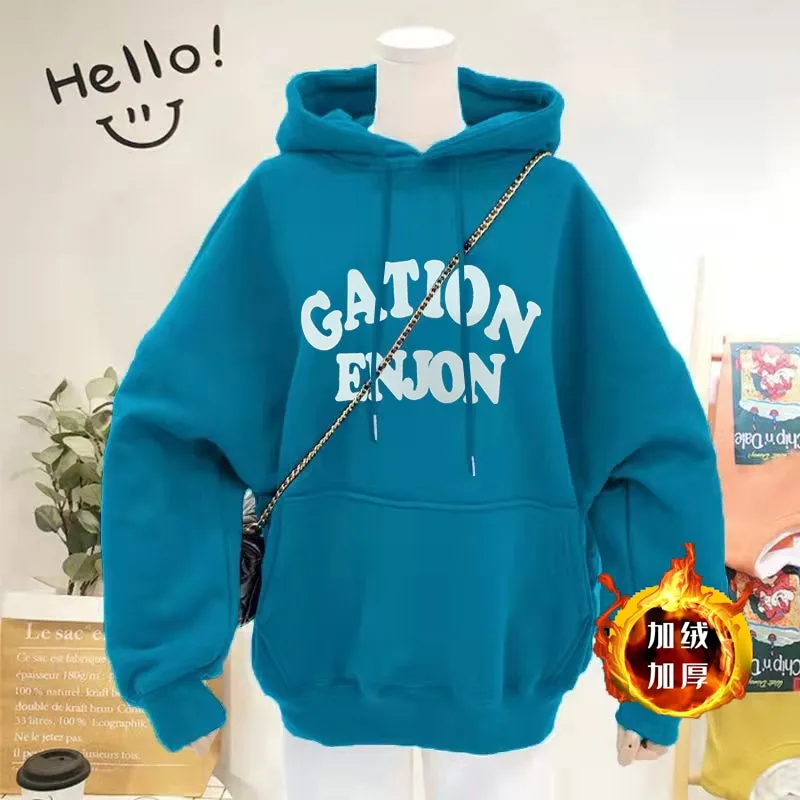 Thick Women Hoodies Winter Pullover Korean Loose Hooded Sweatshirt Warm Fashion Letter Casual Female Pocket Coat