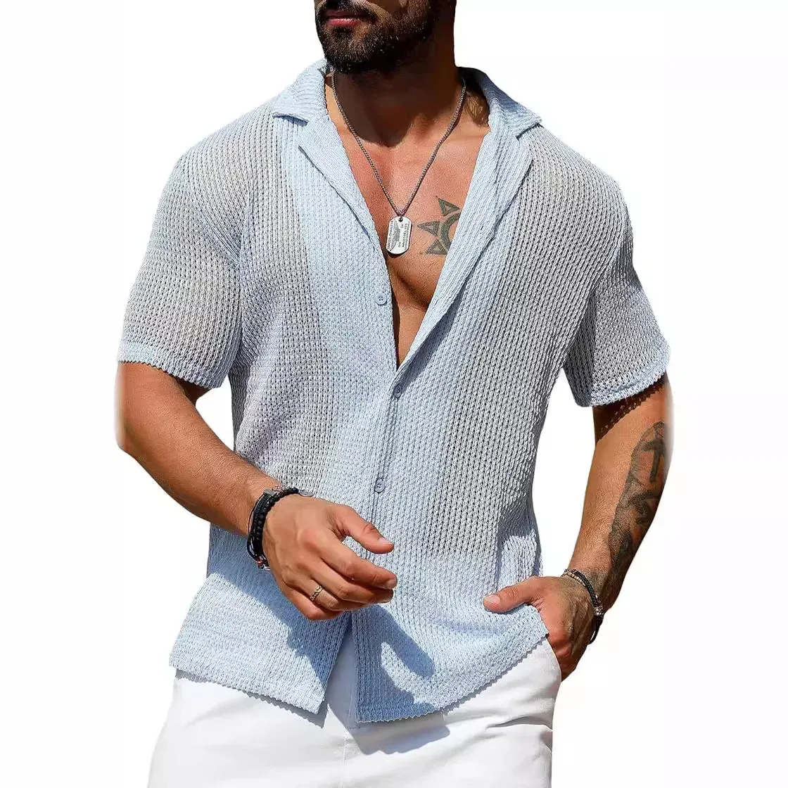 Wiaofellas  -  Summer Short Sleeve Tee Casual Shirts Men Beach Hollow Out Breathable Knit Shirt New Fashion Male See Through Sexy Knitted Tops