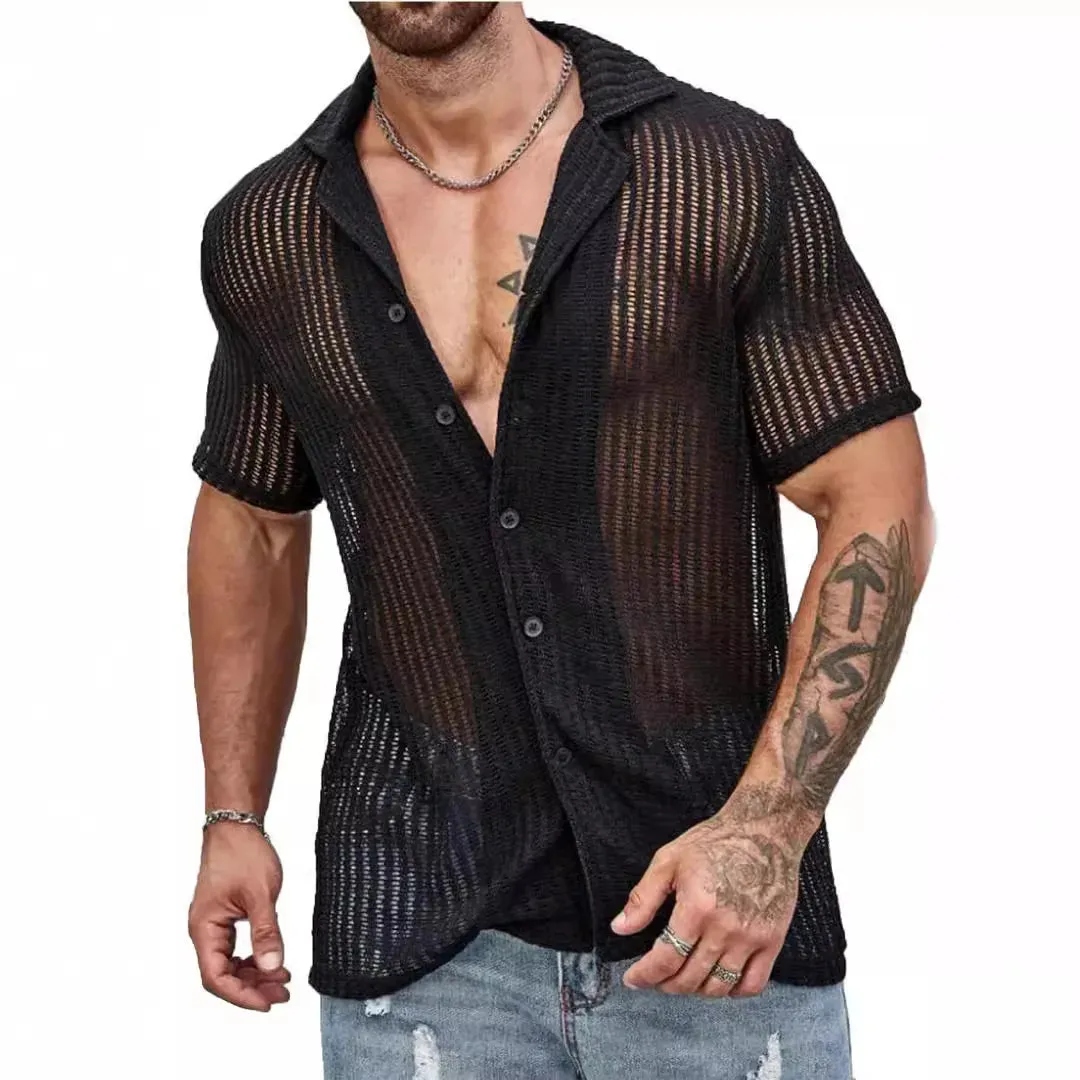 Wiaofellas  -  Summer Short Sleeve Tee Casual Shirts Men Beach Hollow Out Breathable Knit Shirt New Fashion Male See Through Sexy Knitted Tops