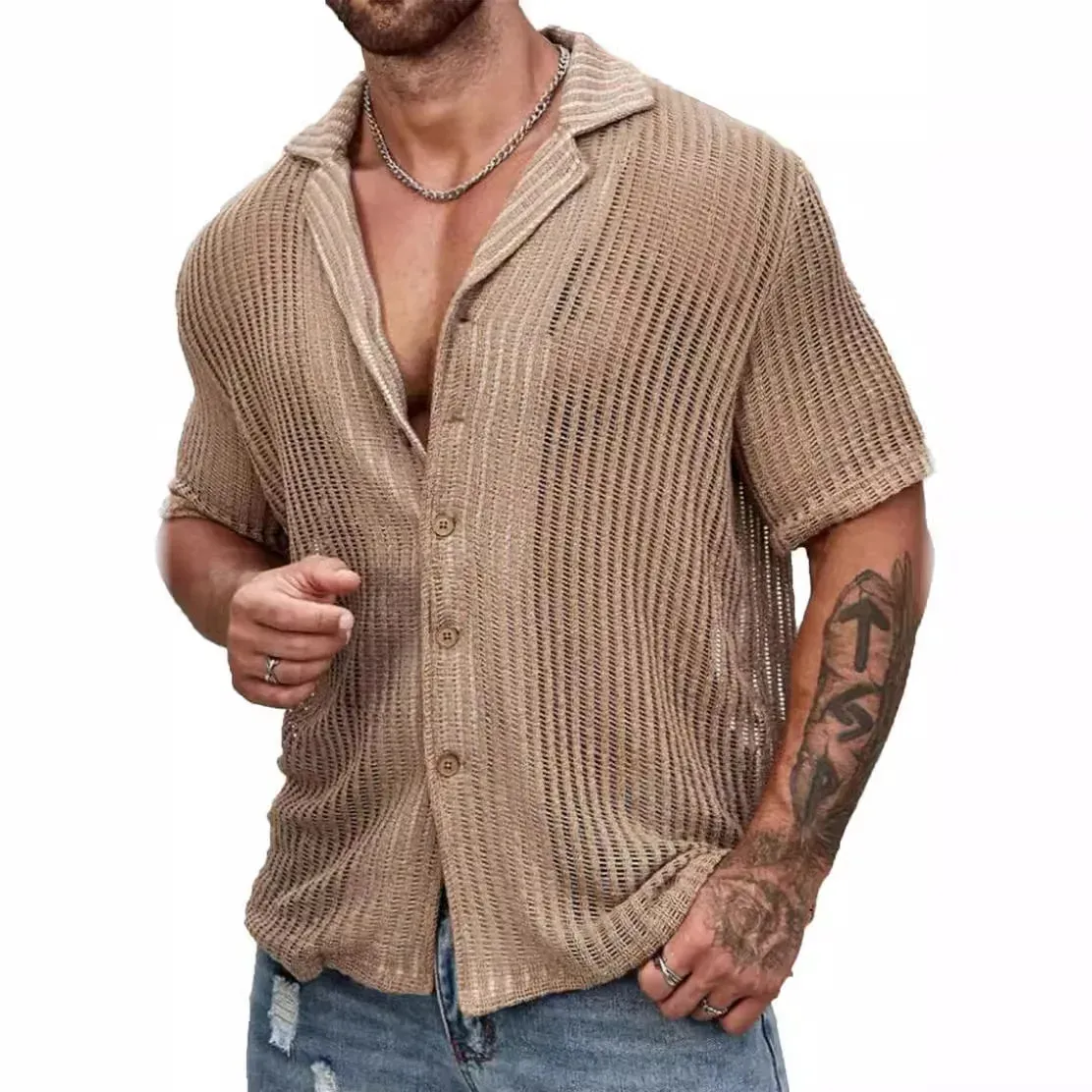 Wiaofellas  -  Summer Short Sleeve Tee Casual Shirts Men Beach Hollow Out Breathable Knit Shirt New Fashion Male See Through Sexy Knitted Tops