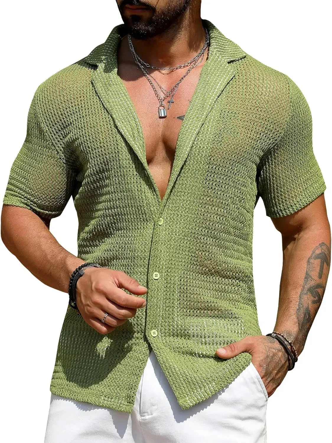 Wiaofellas  -  Summer Short Sleeve Tee Casual Shirts Men Beach Hollow Out Breathable Knit Shirt New Fashion Male See Through Sexy Knitted Tops