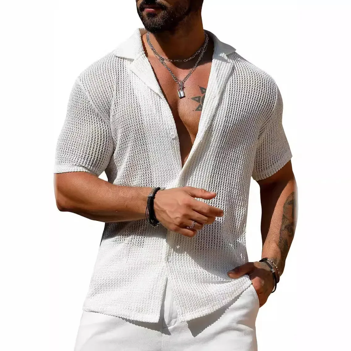 Wiaofellas  -  Summer Short Sleeve Tee Casual Shirts Men Beach Hollow Out Breathable Knit Shirt New Fashion Male See Through Sexy Knitted Tops