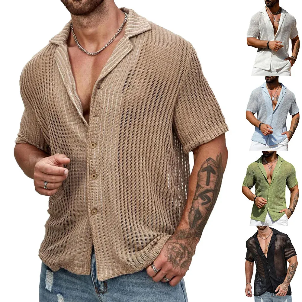 Wiaofellas  -  Summer Short Sleeve Tee Casual Shirts Men Beach Hollow Out Breathable Knit Shirt New Fashion Male See Through Sexy Knitted Tops