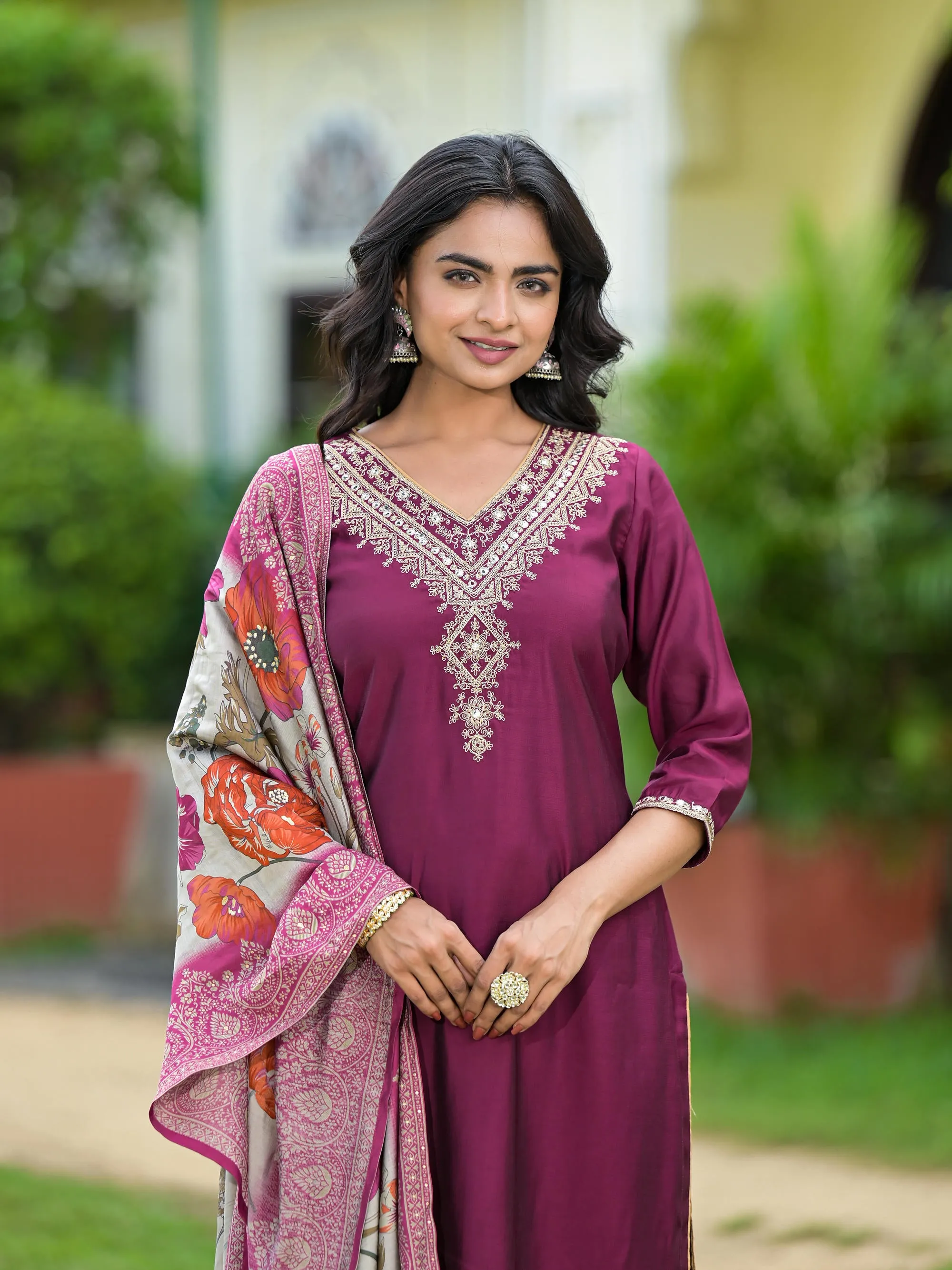 Wine Solid Viscose Kurta Pant With Dupatta Set With Zari & Mirror Embroidery