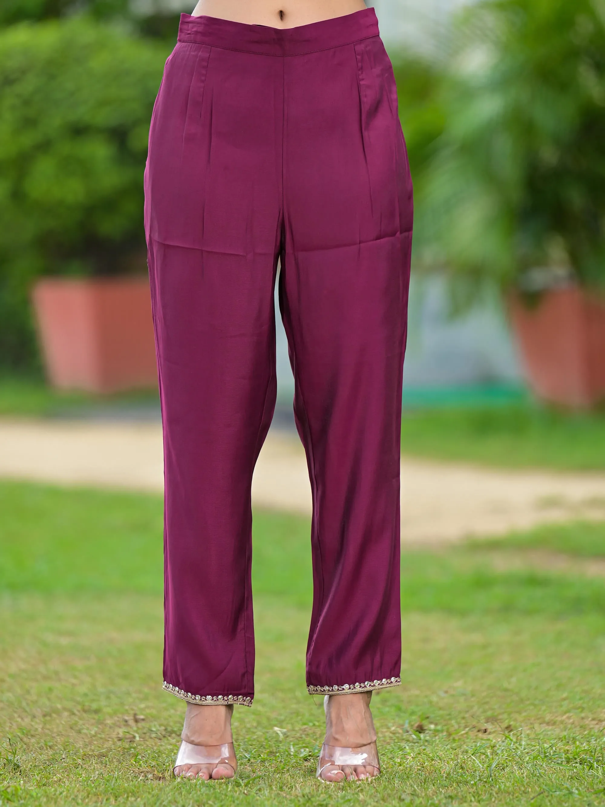 Wine Solid Viscose Kurta Pant With Dupatta Set With Zari & Mirror Embroidery