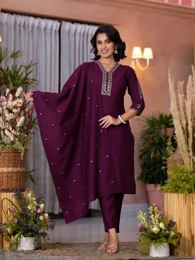 Wine Thread Embroidered Viscose Kurta Pant And Dupatta Set With Sequins Work & Zari Work