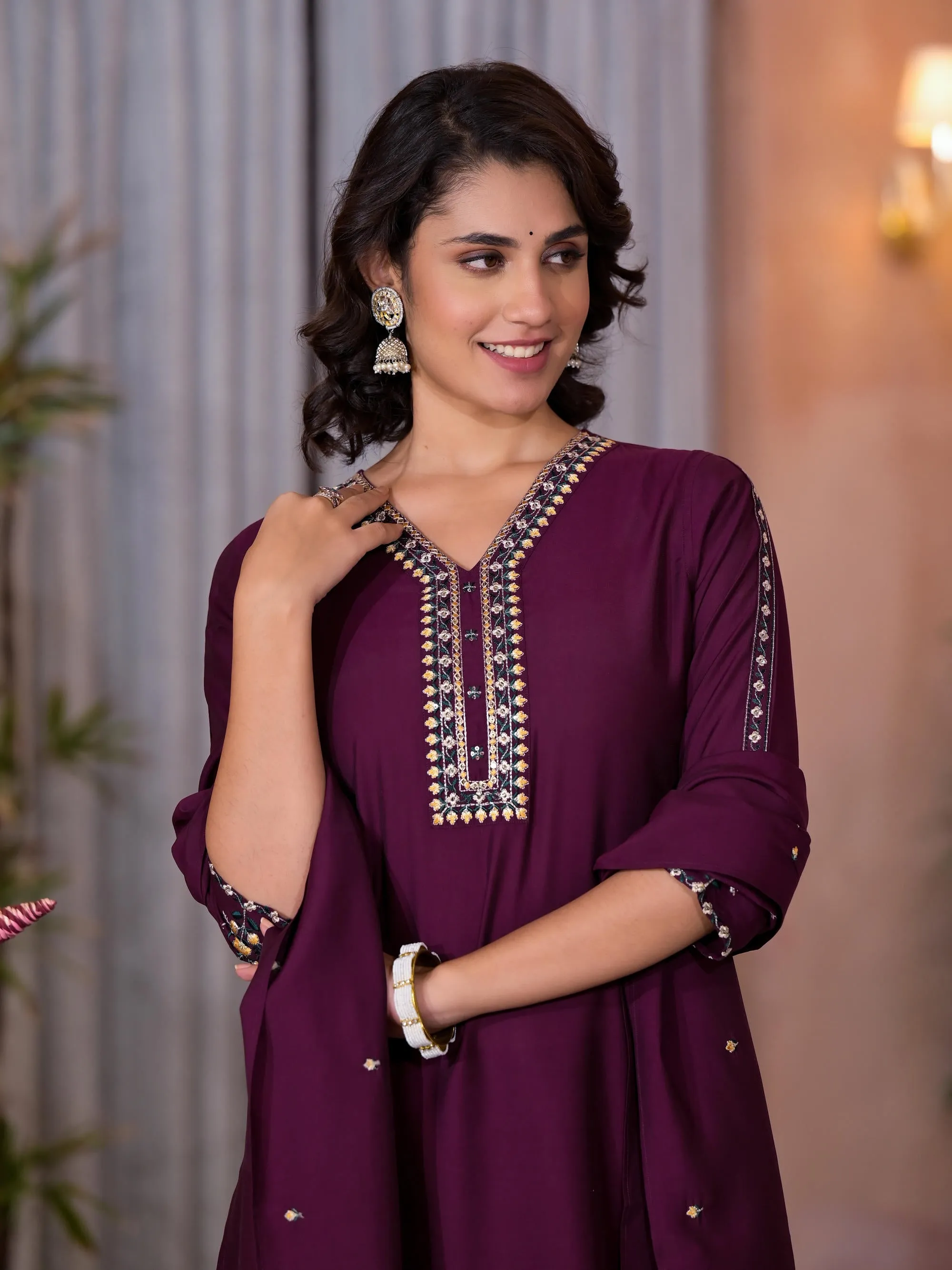 Wine Thread Embroidered Viscose Kurta Pant And Dupatta Set With Sequins Work & Zari Work