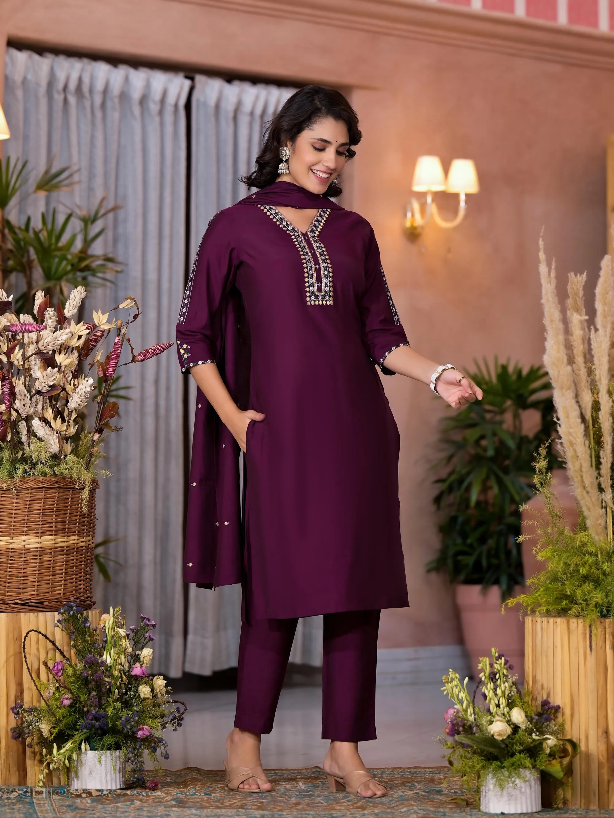 Wine Thread Embroidered Viscose Kurta Pant And Dupatta Set With Sequins Work & Zari Work