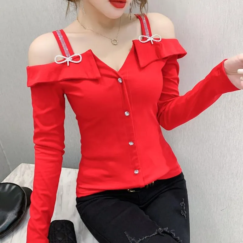 Women Elegant Slim Cut Off The shoulder Rhinestones Design Tops