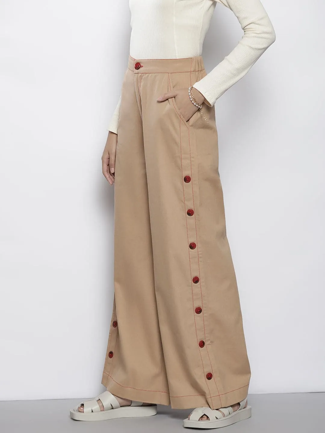 Women Khakhi Side Button Twill Pants