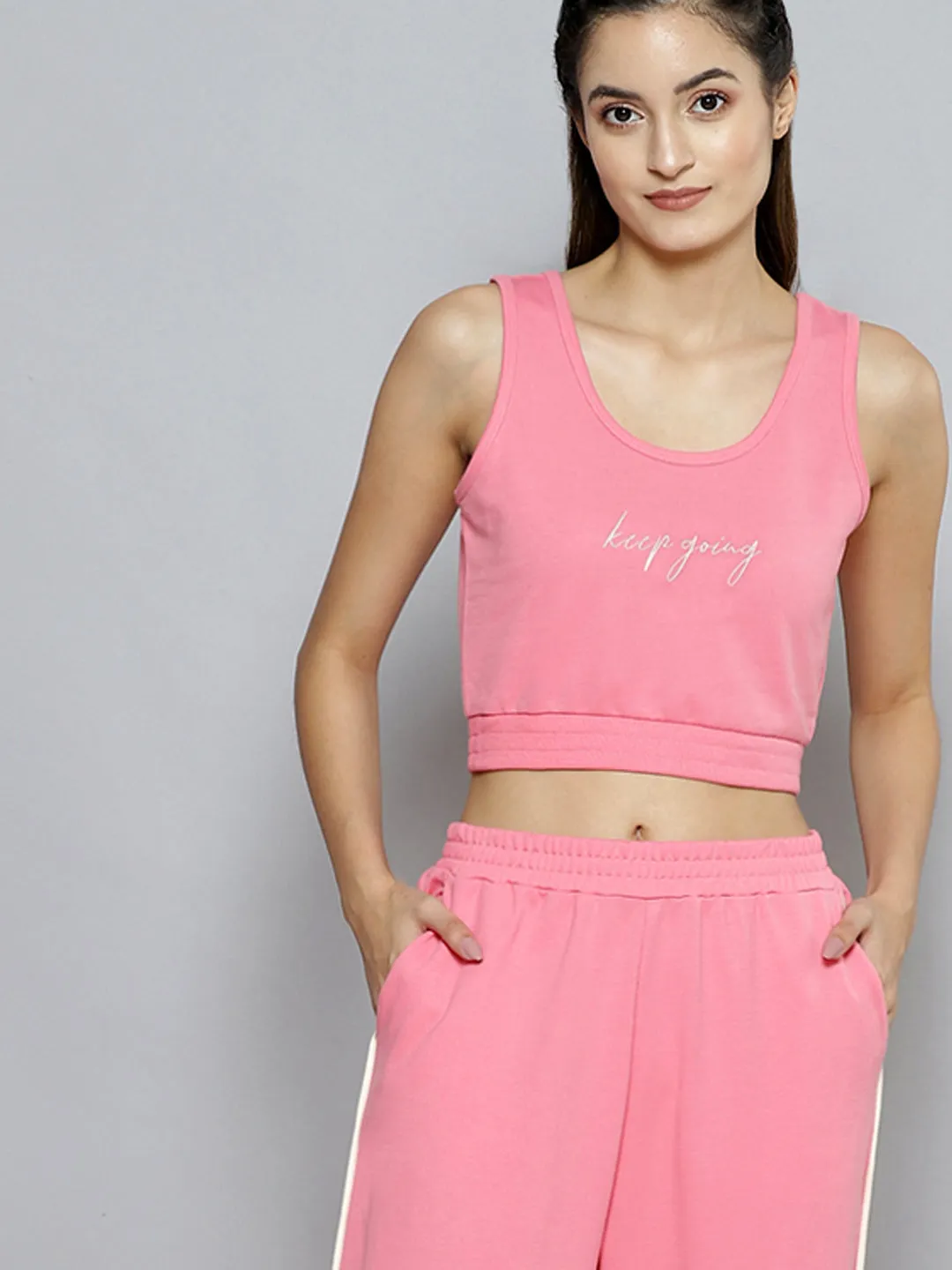 Women Pink Terry Active Tank Top With Track Pants