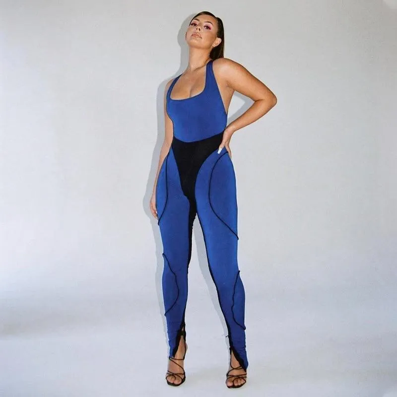 Women Sleeveless Slit Cross Backless Ruched Bodycon Jumpsuit