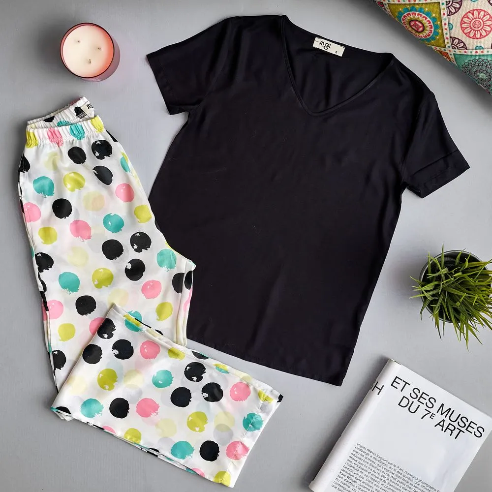 Women summer pajama set Black top   Colorful dots Pants