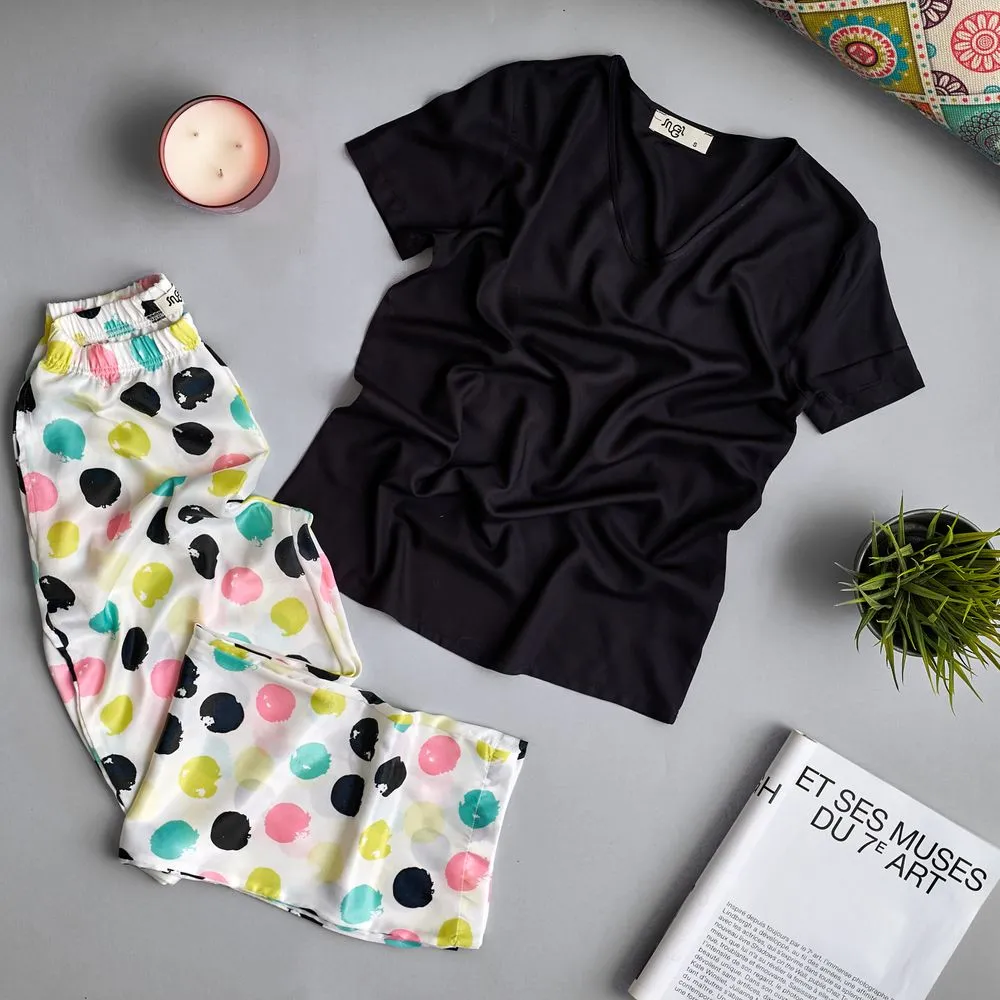 Women summer pajama set Black top   Colorful dots Pants