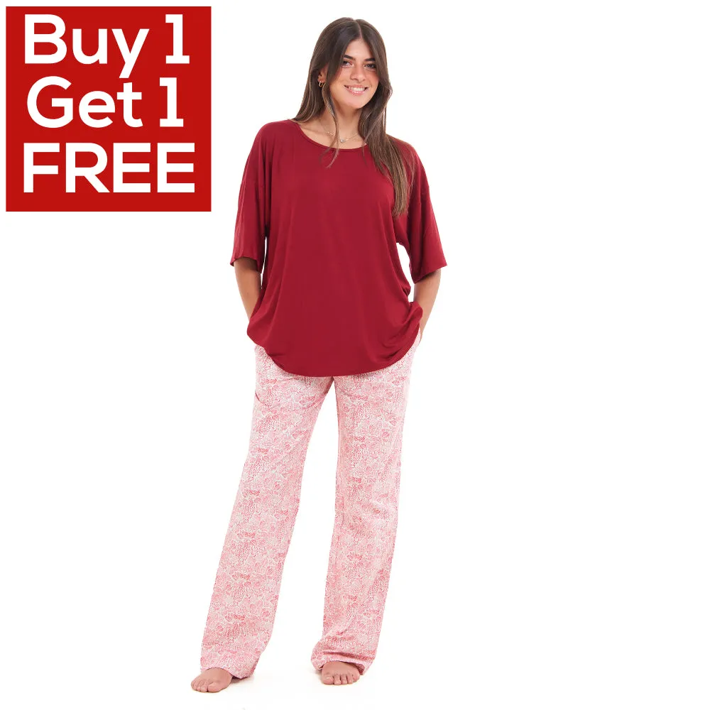 Women summer pajama set Red Oversized top   Red Flory Outines pants