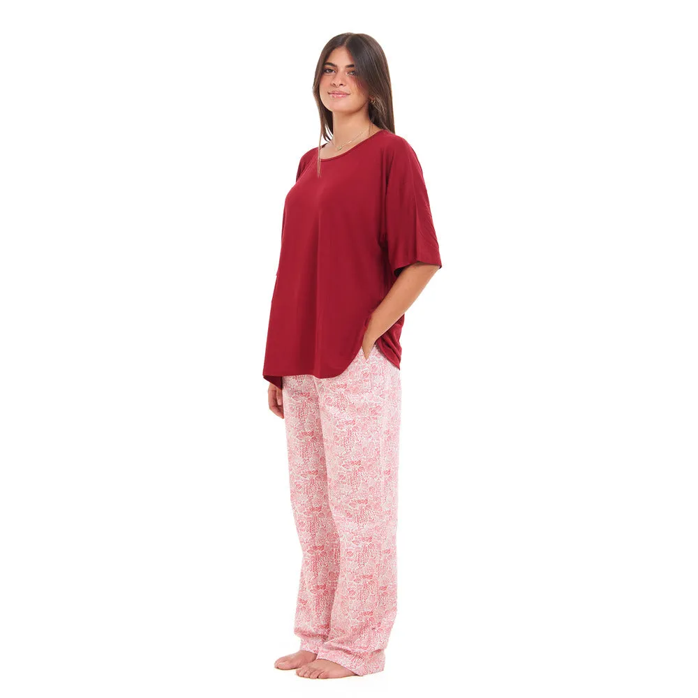 Women summer pajama set Red Oversized top   Red Flory Outines pants