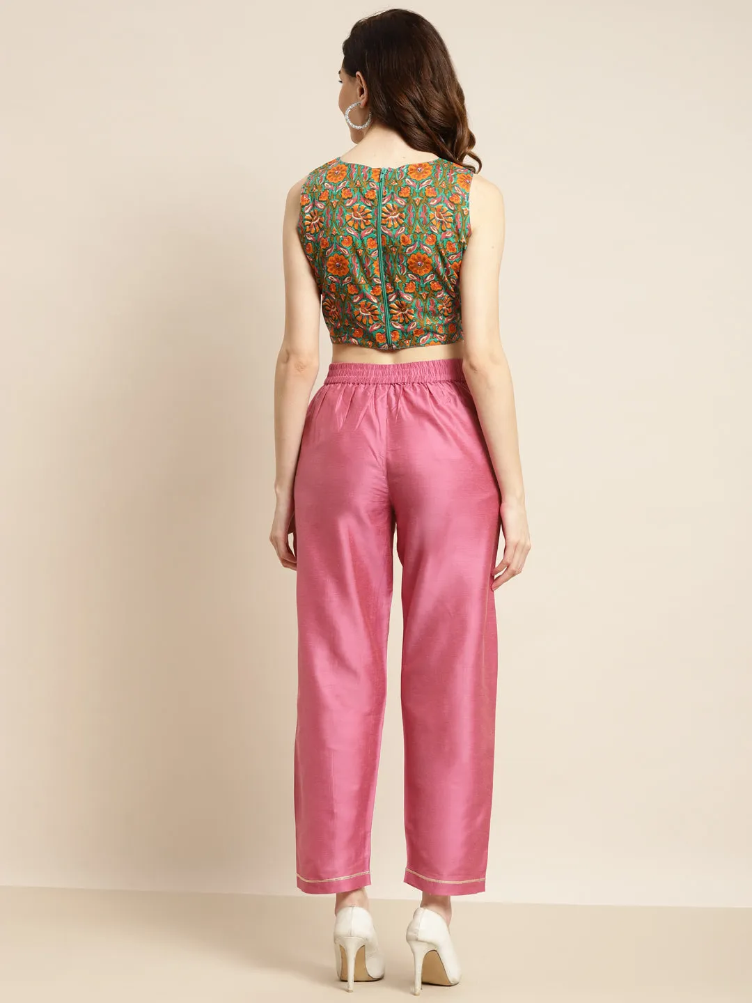 Women Teal Chanderi Floral Crop Top With Inlay Pants