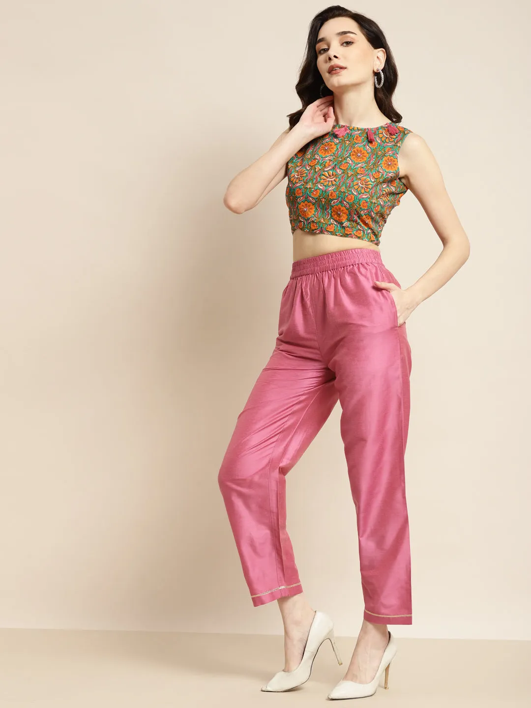 Women Teal Chanderi Floral Crop Top With Inlay Pants