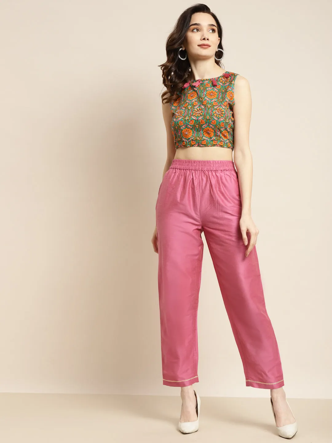 Women Teal Chanderi Floral Crop Top With Inlay Pants