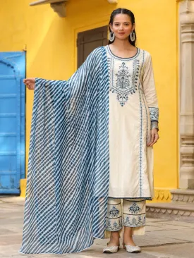 Women White Cotton Dobby Embroidered Kurta, Pants & Dupatta Set