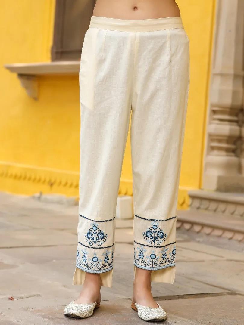 Women White Cotton Dobby Embroidered Kurta, Pants & Dupatta Set