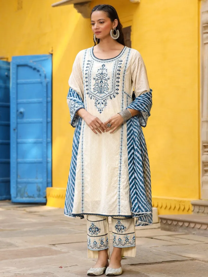 Women White Cotton Dobby Embroidered Kurta, Pants & Dupatta Set