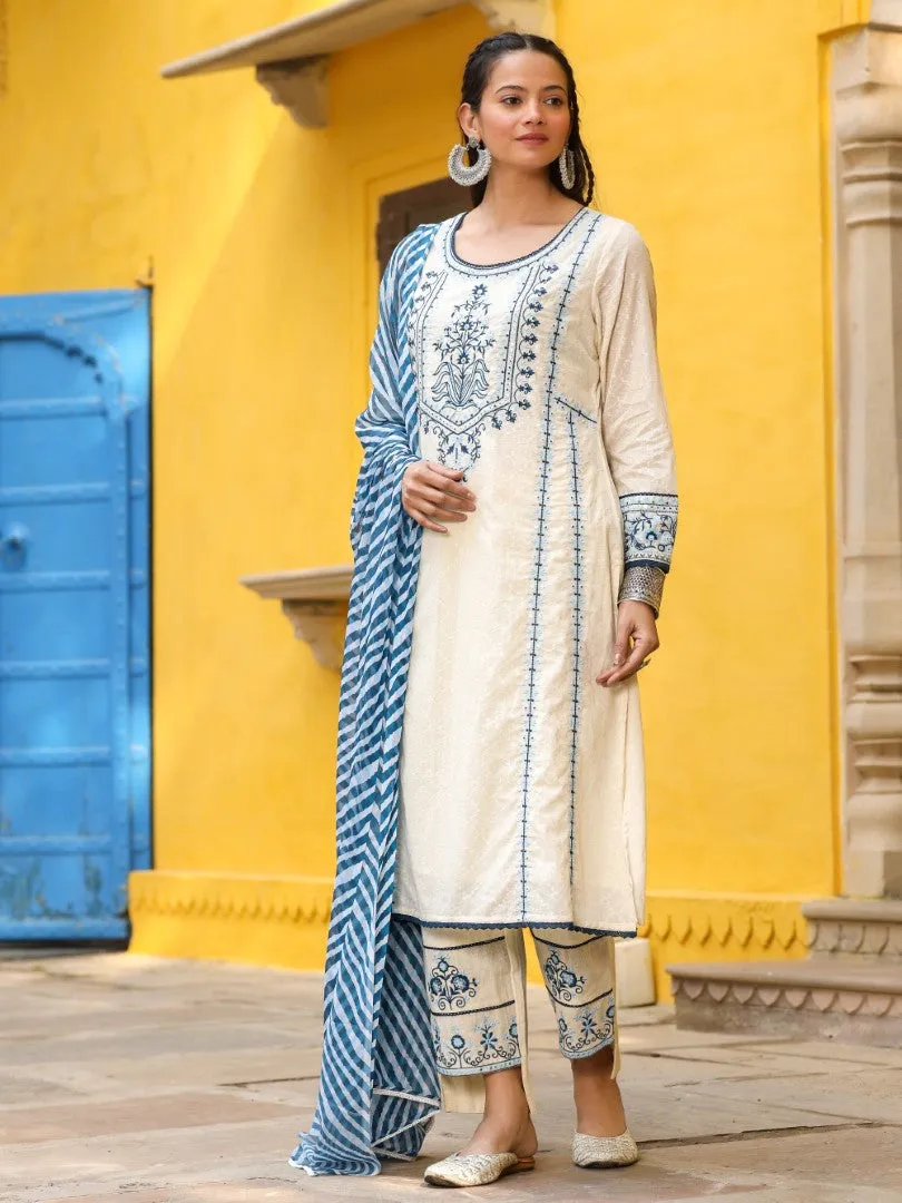 Women White Cotton Dobby Embroidered Kurta, Pants & Dupatta Set