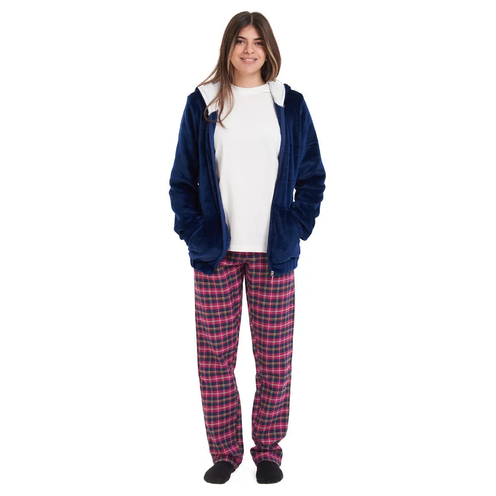 Women Winter Pajama 3 PCS Set Dark blue Sweatshirt  Off-white top Fuchsia Checkered Pants