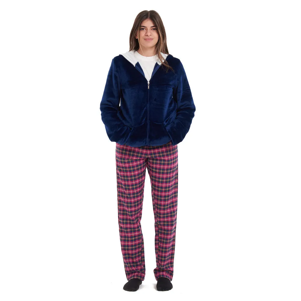 Women Winter Pajama 3 PCS Set Dark blue Sweatshirt  Off-white top Fuchsia Checkered Pants