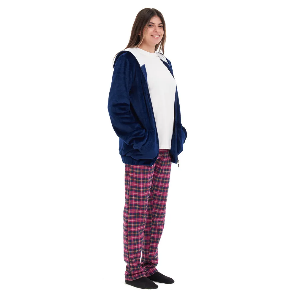 Women Winter Pajama 3 PCS Set Dark blue Sweatshirt  Off-white top Fuchsia Checkered Pants