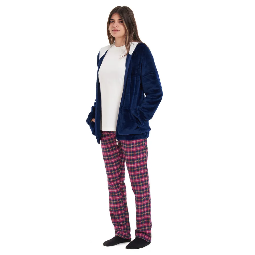 Women Winter Pajama 3 PCS Set Dark blue Sweatshirt  Off-white top Fuchsia Checkered Pants