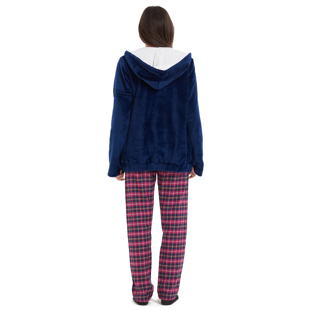 Women Winter Pajama 3 PCS Set Dark blue Sweatshirt  Off-white top Fuchsia Checkered Pants