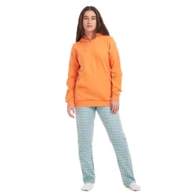 Women Winter Pajama Set Orange Sweatshirt   Pistache Checkered Pants