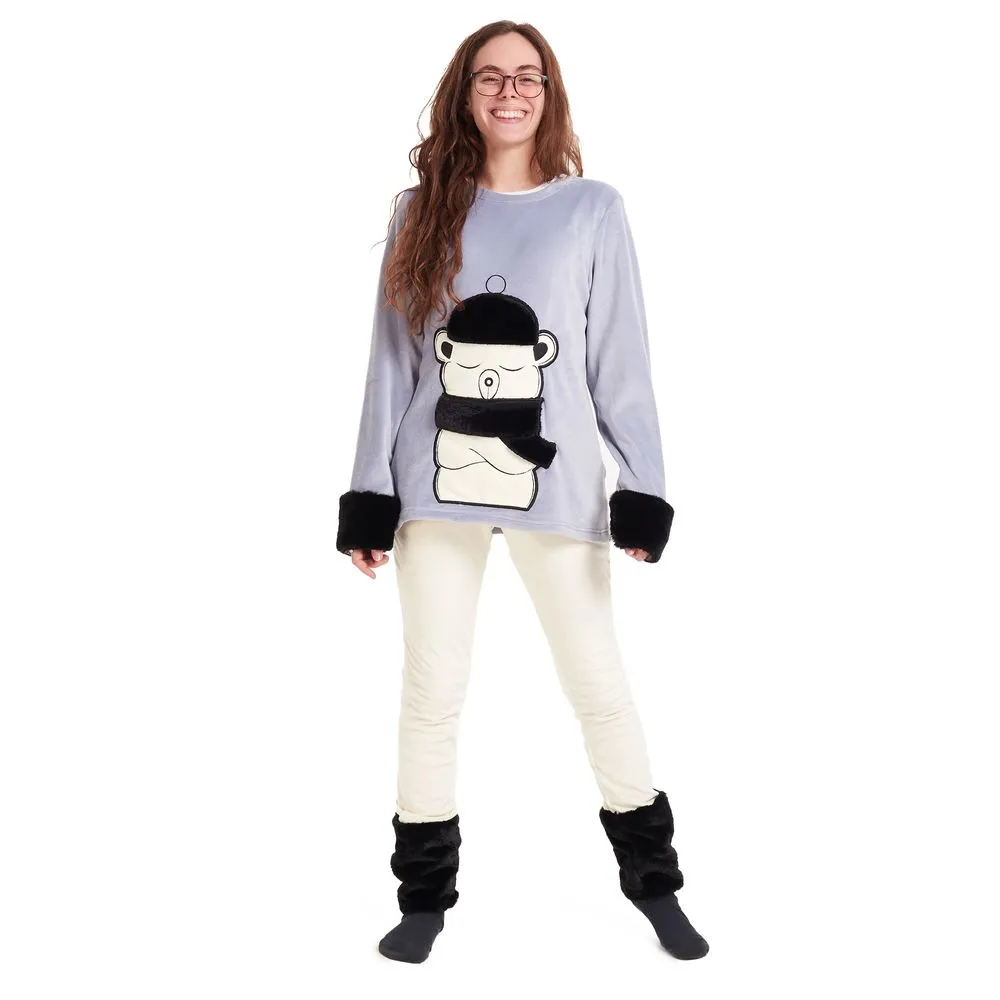 Women Winter Pajama Set Polar bear sweatshirt   Off white pants