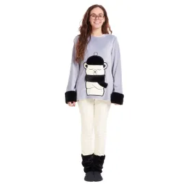 Women Winter Pajama Set Polar bear sweatshirt   Off white pants