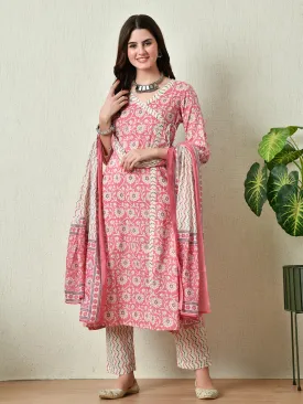 Womens Pink Printed Angrakha A Line Kurta Pant With Dupatta Set