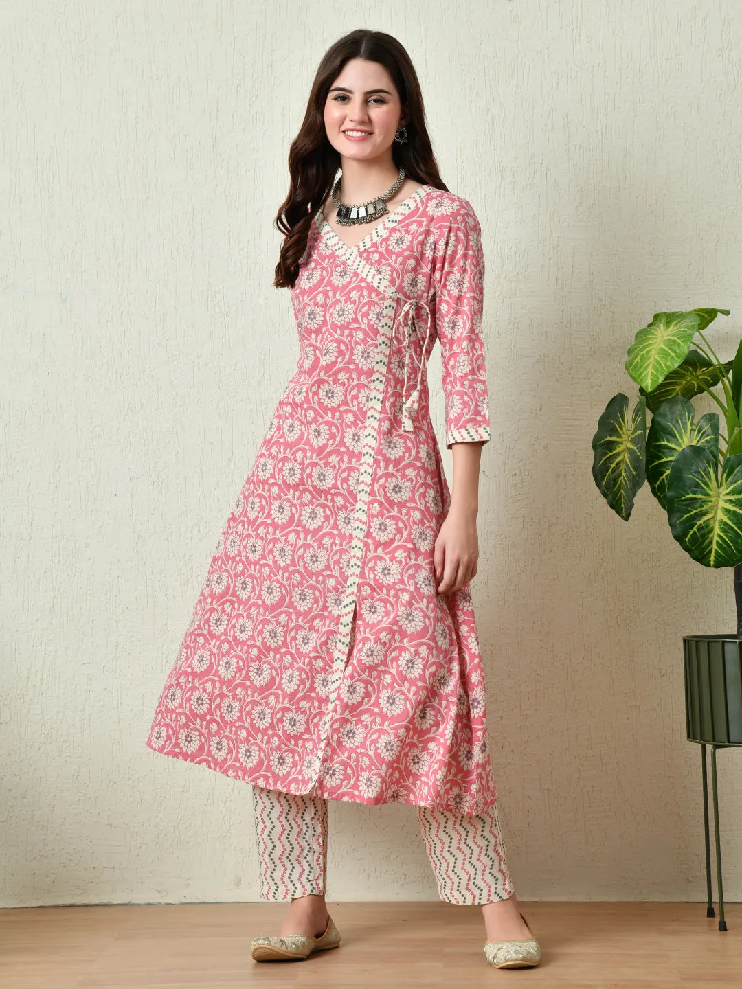 Womens Pink Printed Angrakha A Line Kurta Pant With Dupatta Set