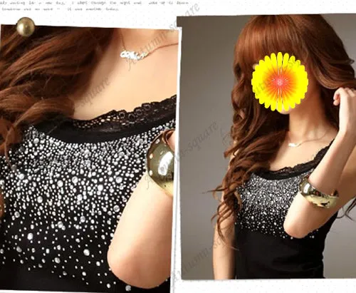 Women's Rhinestone Lace Stunning Based Sleeveless Vest Tank Top Tee T-Shirt Black White Gray A1250-448E