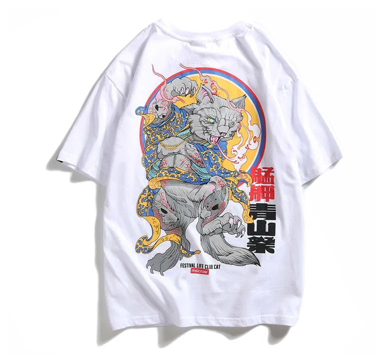 Yakuza Cat Printed Hip Hop Streetwear Loose Tees